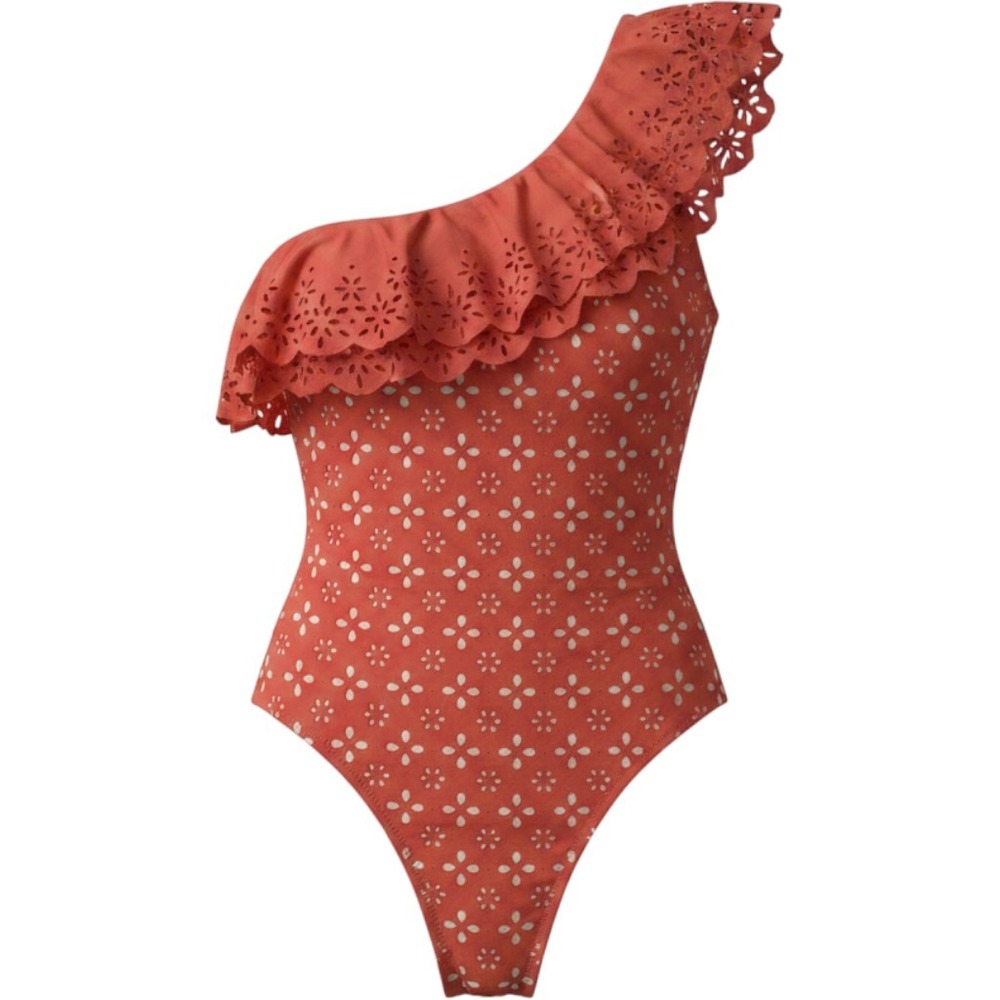 J.Crew One Shoulder One Piece Ruffle Laser Eyelet Swimsuit Coral Orange  Size 10